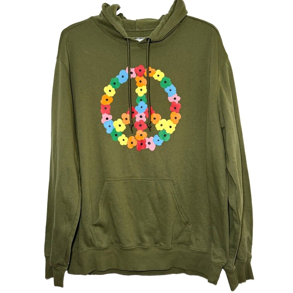 The Phluid Project Olive Floral Peace Sign Hoodie Unisex Large Pride Pullover